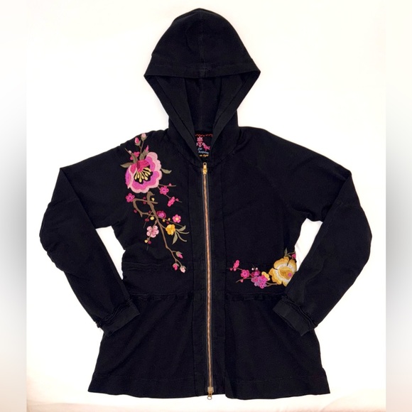 Johnny Was Embroidered Floral Zip-Up Hoodie Jacket in Black Pink Yellow – Large - Picture 2 of 16